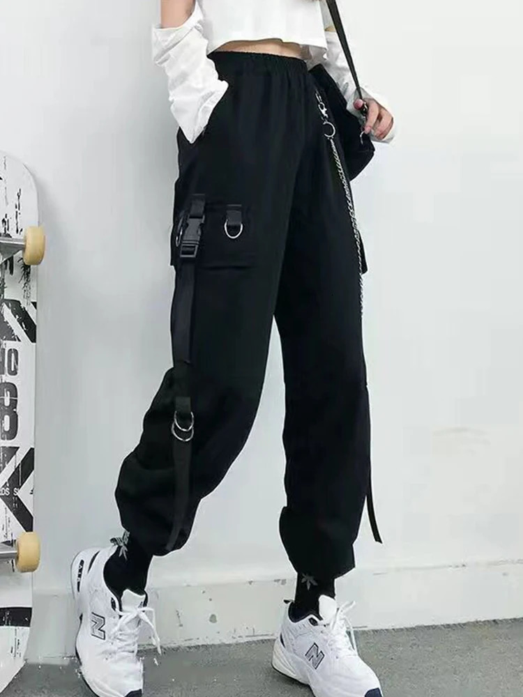 ZOKI Gothic Womens Cargo Pants Black Jogger High Waist Harajuku Harem Punk Techwear Chain Trouser Hip Hop 250211Z
