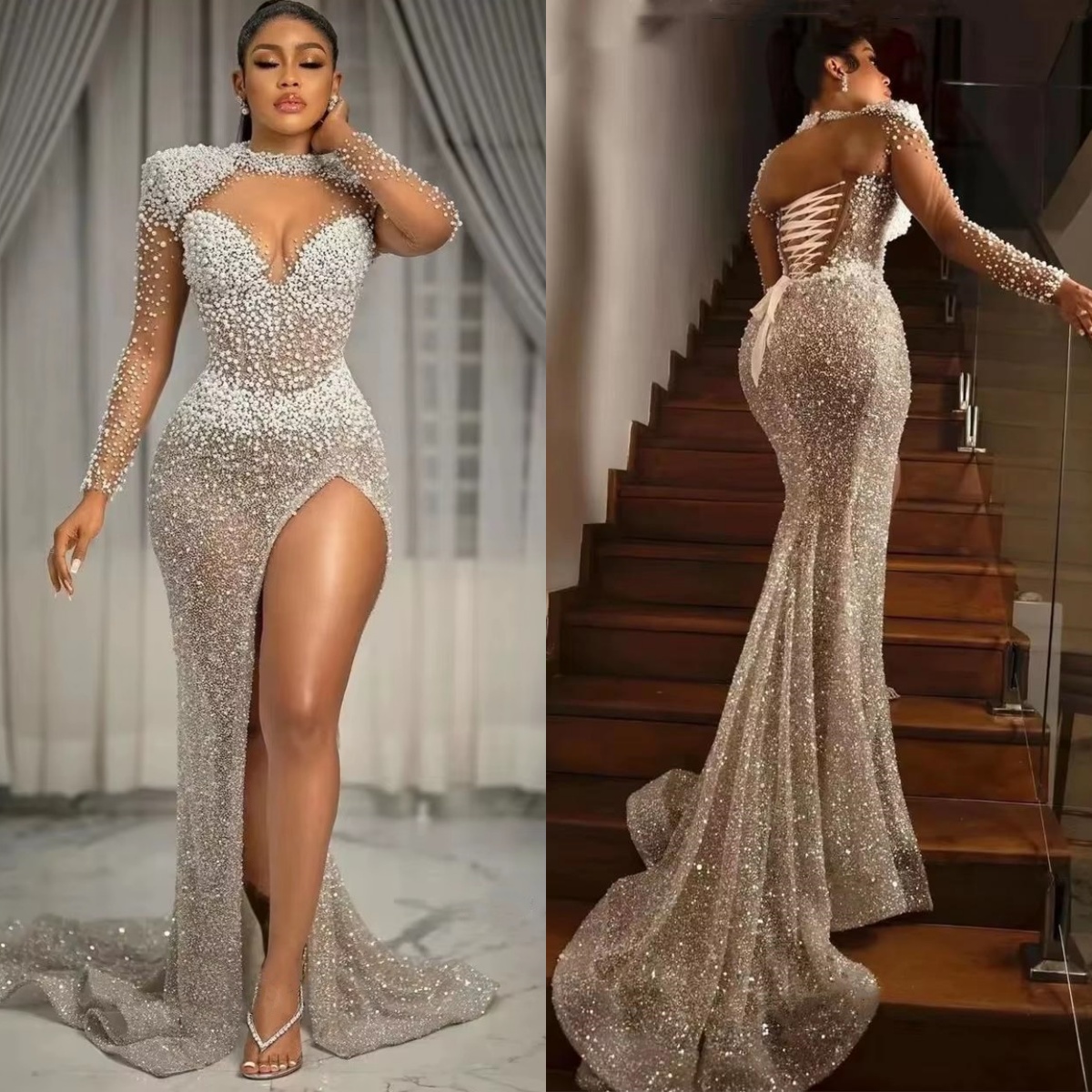 Wedding Dresses Pearls Mermaid Bridal Gowns Sequins High Neck Long Sleeves Customized High Split Princess Sweep Train Bride Dress Vestidos De Novia