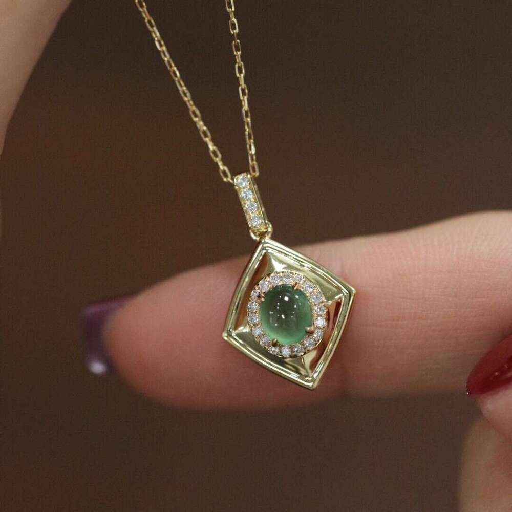 designer necklace for women Modern style geometric diamond pendant inlaid emerald green cat eye stone women's copper gold-plated retro high-end n