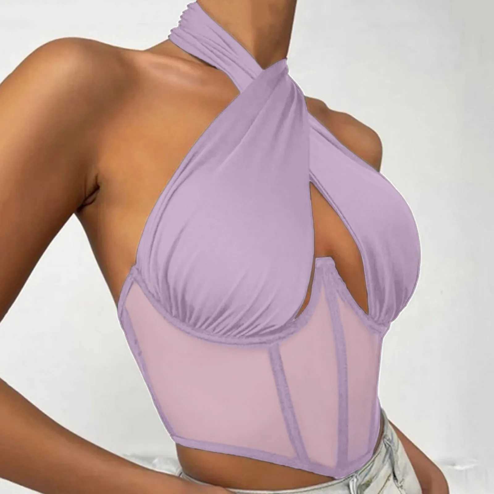 Sexy Cotton Stretch Tops For Women Cross Halter Sveless Blouses Fashion Sveless Hollow Out Top Irregular Neckline Tank TopXJ250212