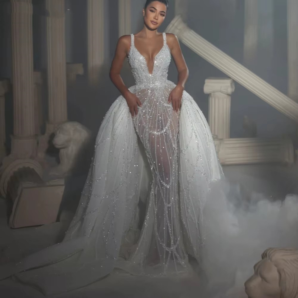 Sexy Mermaid Wedding Dress V Neck Sleeveless Bridal Gowns Sequins Backless See Through Detachable Train Dresses Custom Made vestidos de novia