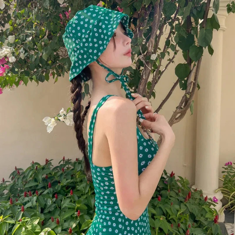 Green One Piece Swimsuit Women Swimwear Sexy Floral Print Dress with Hat Swimming Suit Korean Monokini Beach Bathing Suit 250210