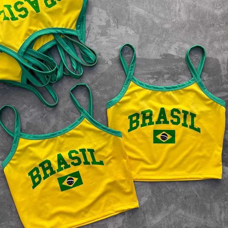 Brasil Yellow Fashion Womens Camis Tanks Summer Tops Sveless Letter Print Bustier Vest Crop Top Casual Cami Backless Y2k TeesXJ250212
