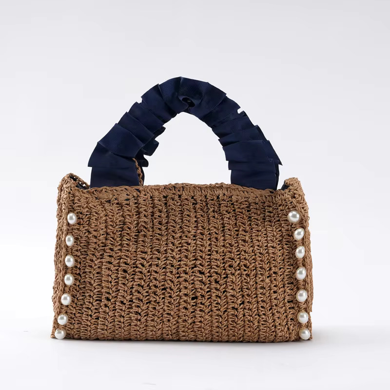 Pearls Straw Bags For Women Bohemian Ruched Handle Handbags Summer Woven Tote Handmade Travel Beach Bag Small Shopper new style
