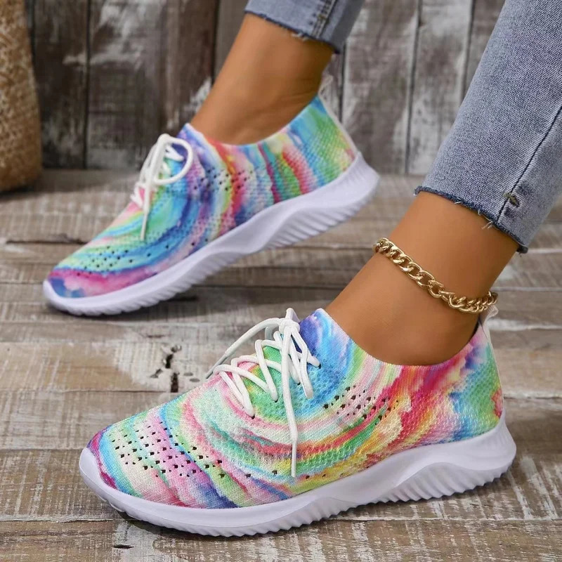 Women Mix Color Mesh Knitted Sneakers 2024 Autumn Lightweight Breathable Soft Sole Running Shoes Woman Slip on Flats Sock Shoes 250207