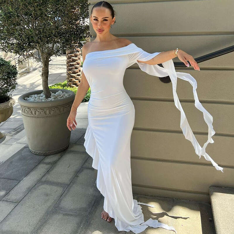 European and American women's summer product fashion personality one shoulder pleated solid color slim fit dress wholesale 2025 temperament versa