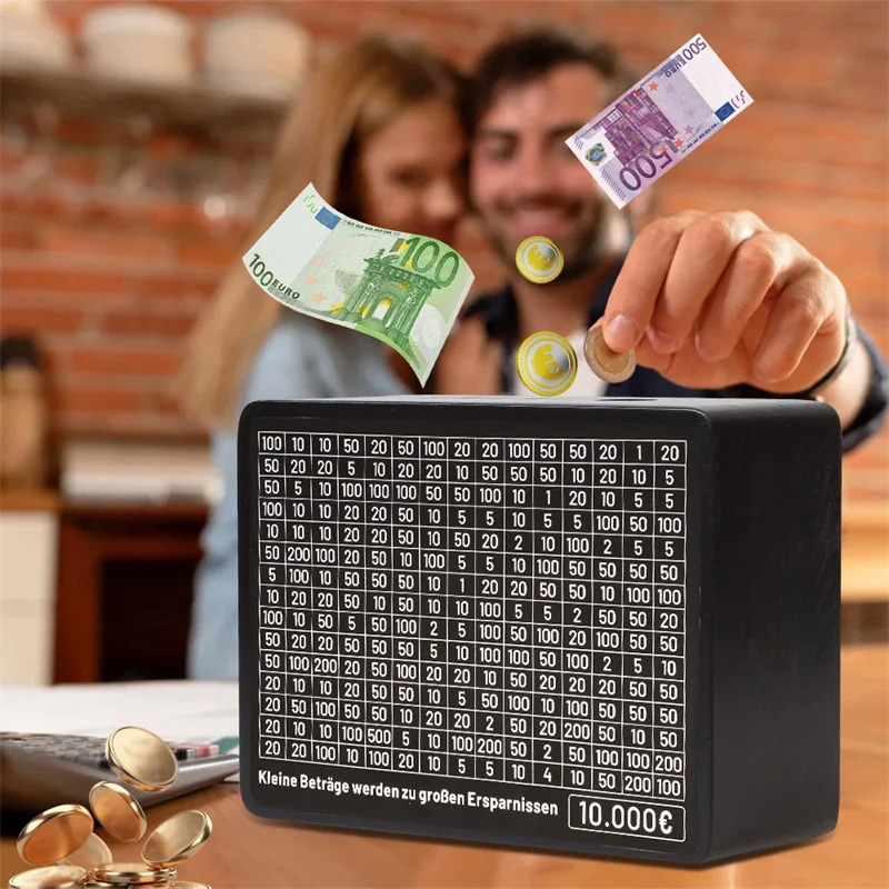 Black Wooden Piggy Bank with Counter Save Money Box Coin Bank with Paper Saving Goals and Numbers for Saving Euros 250211