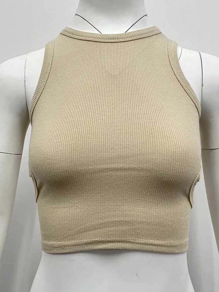 2023 Summer Solid Color Sveless T Shirt Womens Side Hole Knitted Tops Knitted Tops Basic Wear StreetwearXJ250212