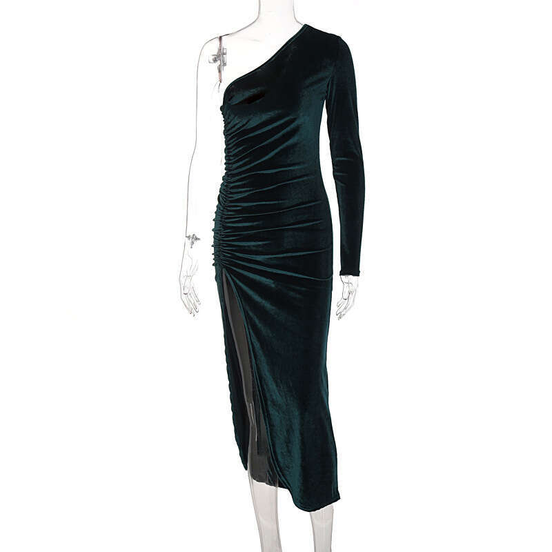European American women's spring autumn fashion slanted shoulder long sleeved slim fit pleated slit dress factory batch 2025 new style chic and e