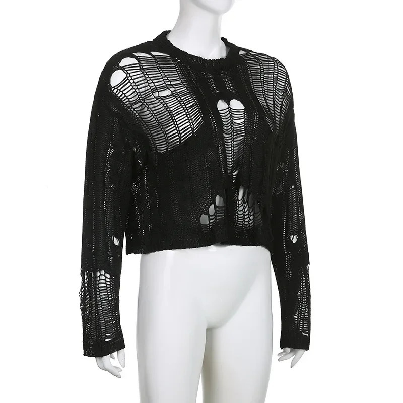 Hollow Out Pullovers Women Sexy Knitwear Top Black Chic Fishnet Loose Tops Long Sleeve Top Y2k Steetwear Women Clothing 250210