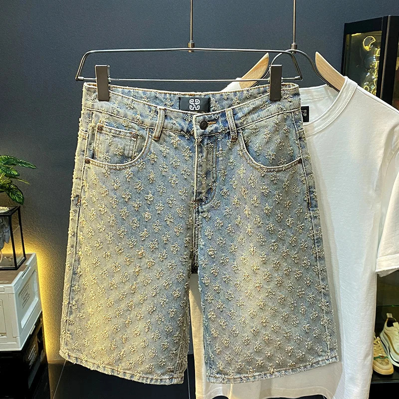 American Scratched Trendy Denim Shorts Mens Fashion Loose Straight Leg Casual Split Mid Pants Summer Thin Style 250211