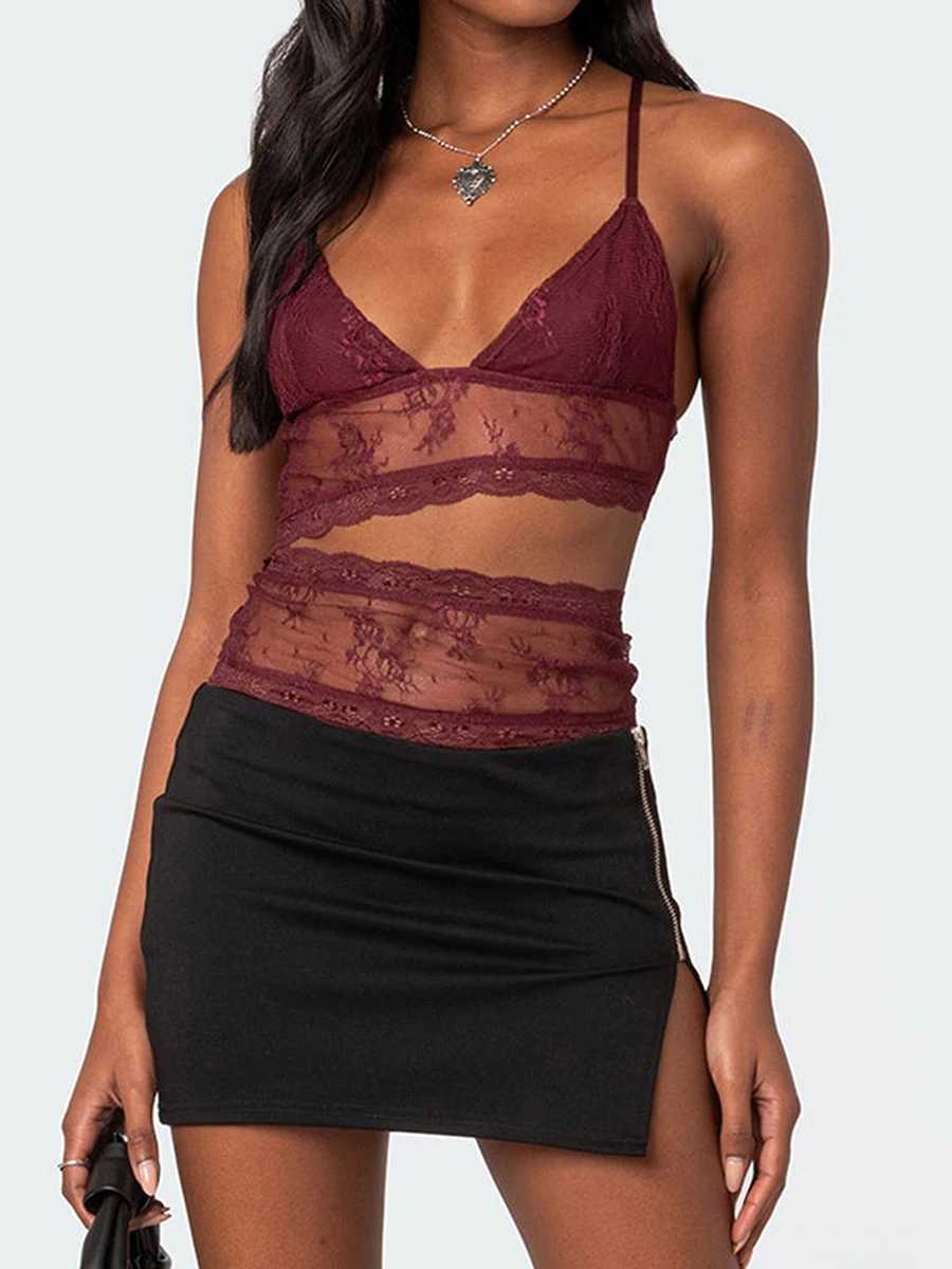 Women Lace Sheer Camisole V-Neck Spaghetti Strap Sheer Vest Slim Fit Cutout Show Navel Tank TopsXJ250212