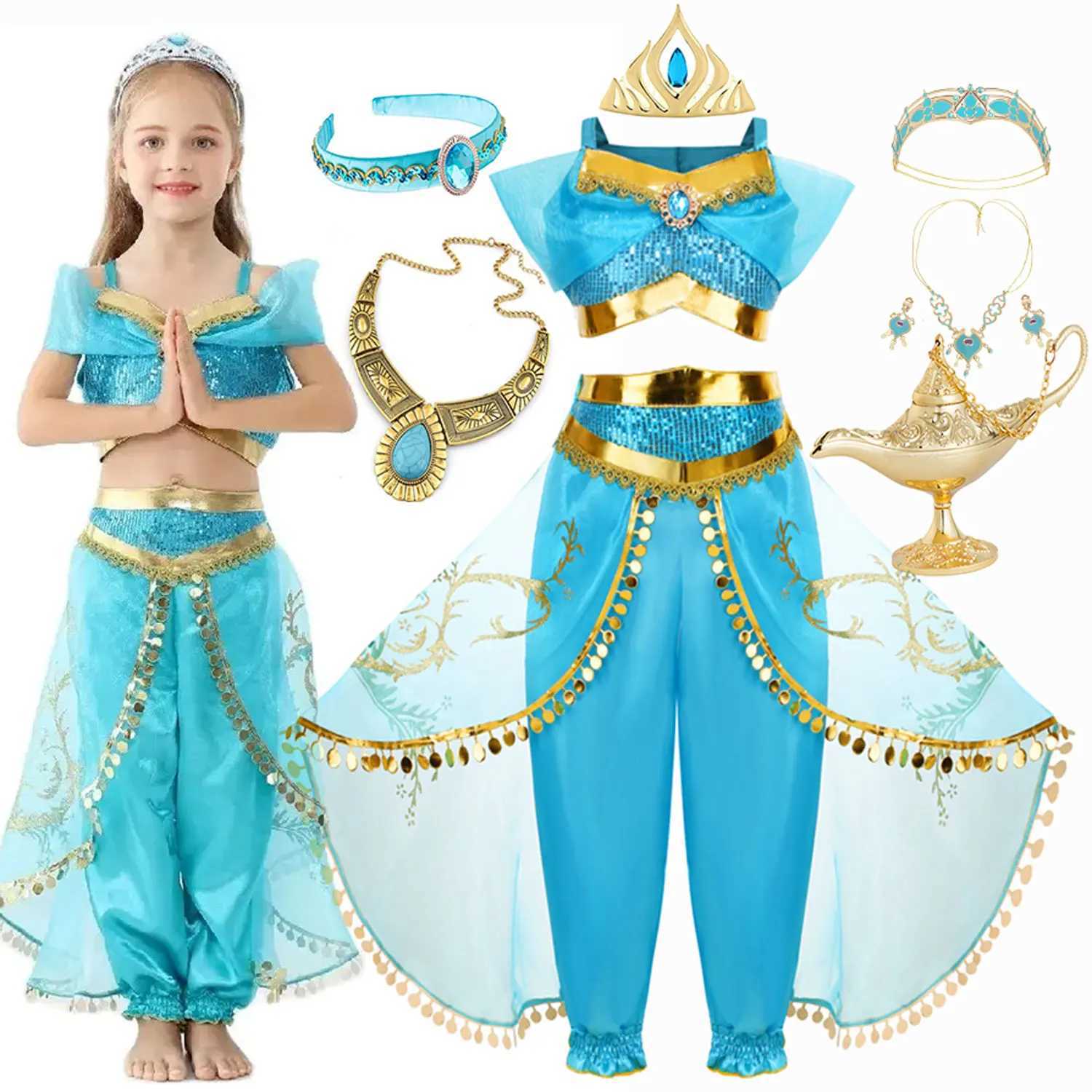 Jasmine Girls Princess Dress Birthday Par Halloween Cosplay Aladdin Magic Lamp Costume for 2-12 Years Old Kids VestidosXJ250117