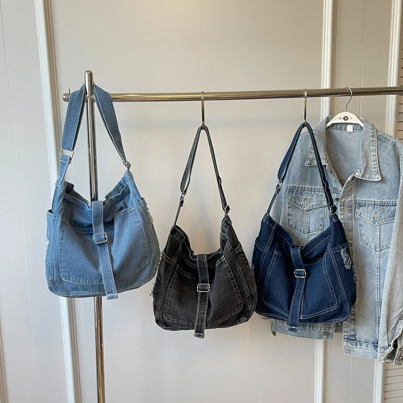 Womens Messenger Bag Vintage Denim Handbag Teenager Shoulder Tote Bags Casual Canvas Crossbody Handbags Large Capacity Bookbag 250207