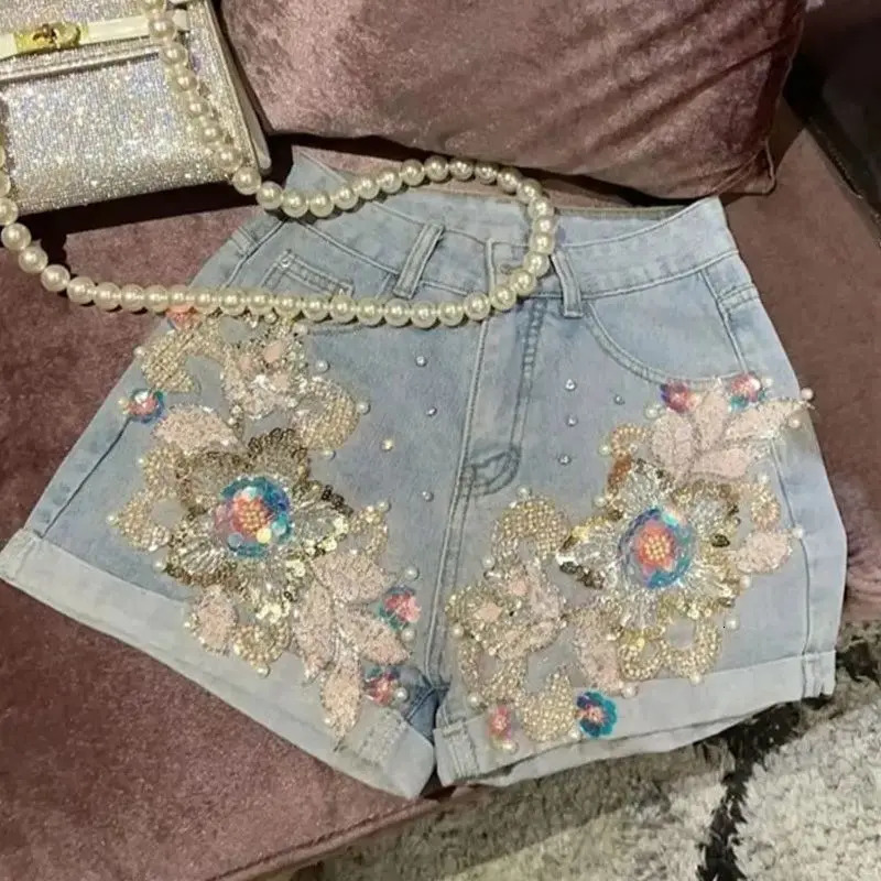 Limiguyue Summer High Quality Sequined Denim Shorts Wide Legs Diamond Jeans Pearl 3D Flowers Diamonds Short Pants Cow 062P 250212