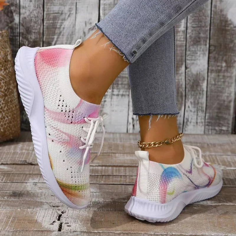 Women Mix Color Mesh Knitted Sneakers 2024 Autumn Lightweight Breathable Soft Sole Running Shoes Woman Slip on Flats Sock Shoes 250207