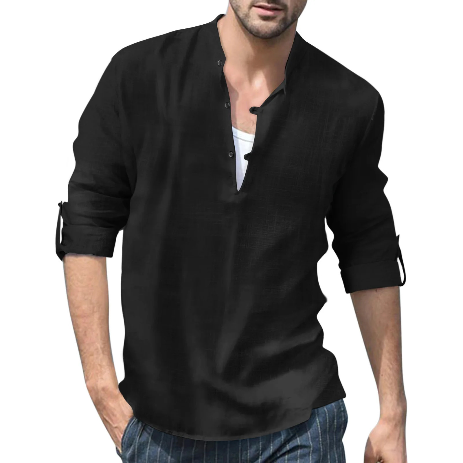Lente Herfst Nieuwe Heren casual shirt Katoenen Linnen shirt lost top Lange Mouwen T-shirt casual Knappe Heren shirt Heren T-shirt 250211