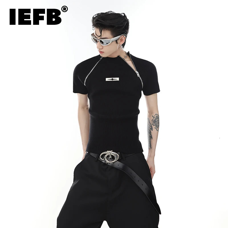 IEFB High Street Mens Fashion T-shirts Niche Deconstructed Slim Fitting Knitted Short Sleeve Metal Zipper Split n 9C670 250210
