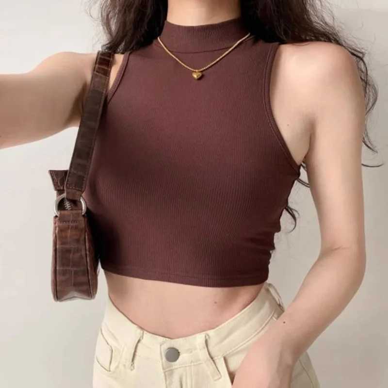 Summer Black Women Fashion Crop Top High Neck White Sveless Tank Tops Streetwear BasicXJ250212
