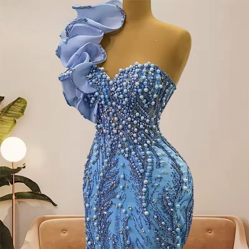 2025 Sky Blue Prom Dress Mermaid Promdress One Shoulder Beaded Lace Flora Pearls Birthday Dress Second Reception Gowns For Special Occasions Black Wom