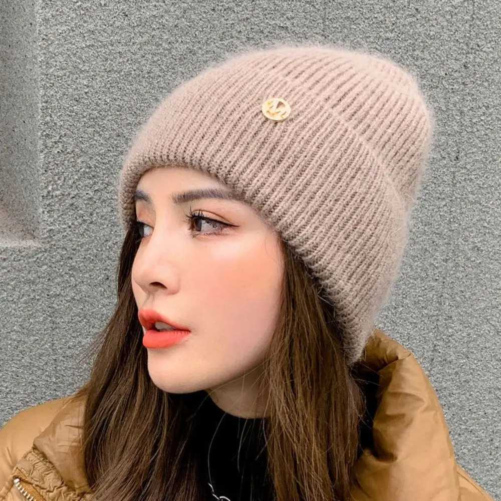 Plush Wen Winter Hat Simple Windproof Thick Warm Rabbit Fur Knitted Hat Pure Color Sklies Beanies X250212