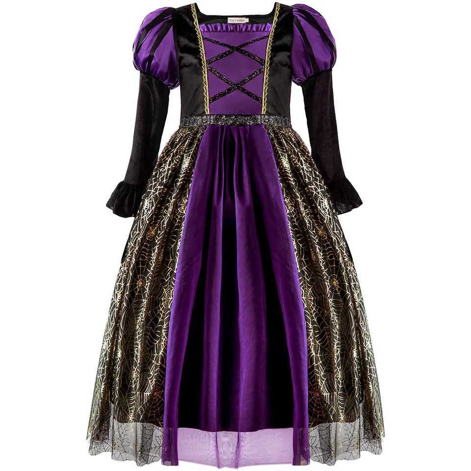 Halloween Carnival Par Dress for Girls Cosplay Witch Purple Puffy Long Sleeve Gold Spider Web Print Dress Accessories SuitXJ250117