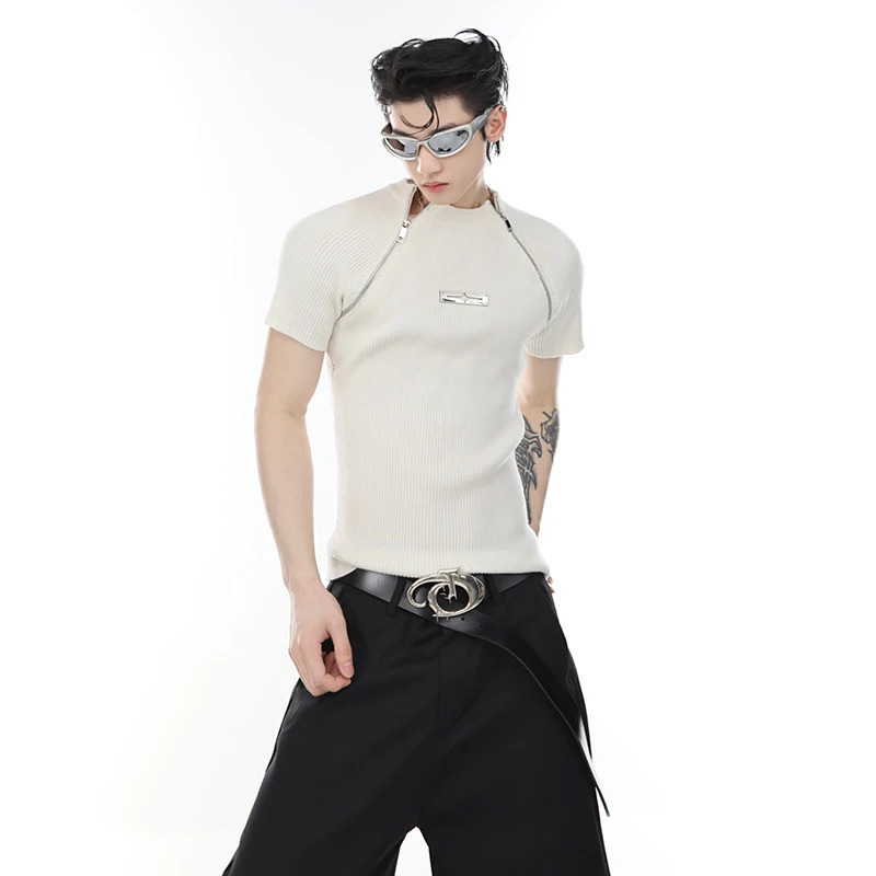 IEFB High Street Mens Fashion T-shirts Niche Deconstructed Slim Fitting Knitted Short Sleeve Metal Zipper Split n 9C670 250210