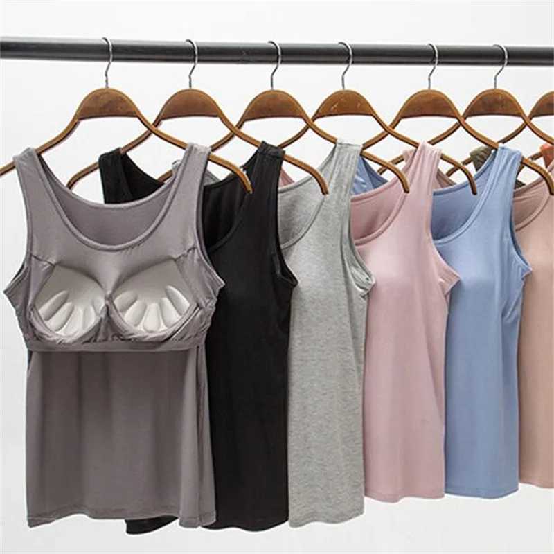 2023 Womens Vest Tops with Built In Bra Neck Vest Solid Color Padded Slim Fit Tank Tops Sexy Shirts Feminino Casual Tank TopsXJ250212