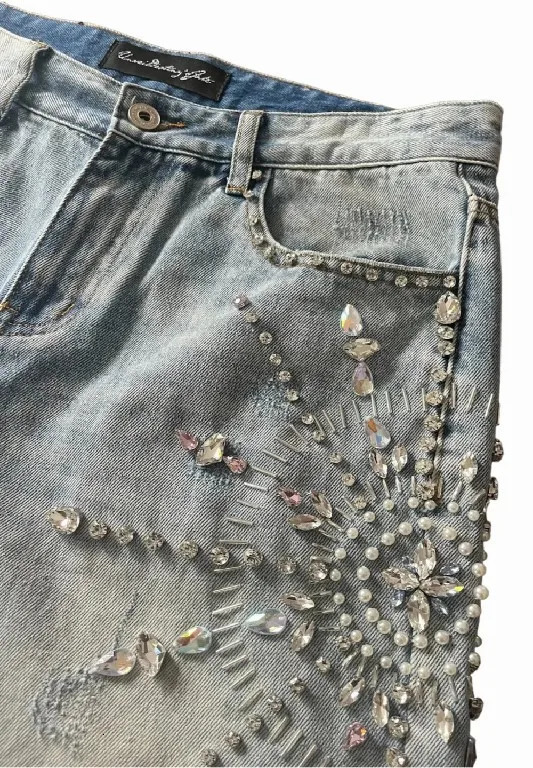 Shorts Y2K Jeans Womens Harajuku Hip Hop Gothic Rhinestone Sequin Retro Blue Baggy Denim Shorts High Waist Fashion Casual Shorts 250212