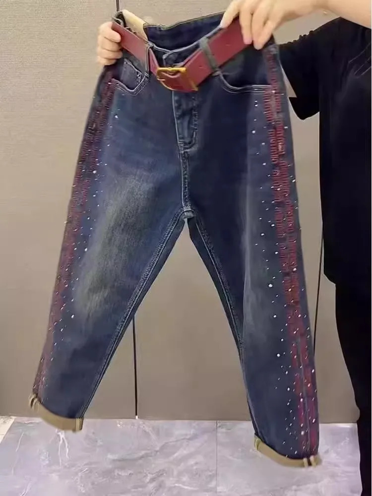 Denim Harlan Pants 2025 Fashion Y2k Rhinestone Embroidered Cropped Trousers Spring Autumn All-Match Plus Size Loose Jeans Women 250212