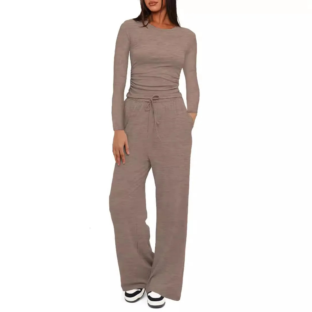Womens casual Tshirt Hirtpants 2piece set 2025 product top wide leg pants yoga ensemble Pliss Femme Tuta Donna Sportiva 250211