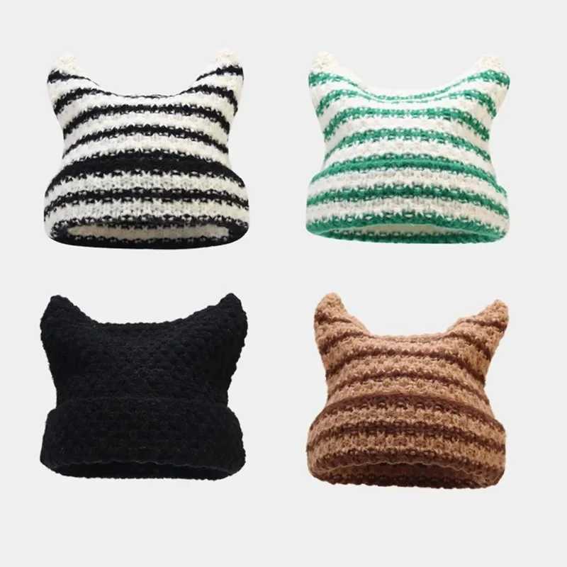 New Japanese Streetwear Harajuku Beanie Little Devil Striped Knitted Hat Wen Girls Autumn Winter Cute Cat Ears Cap X250212