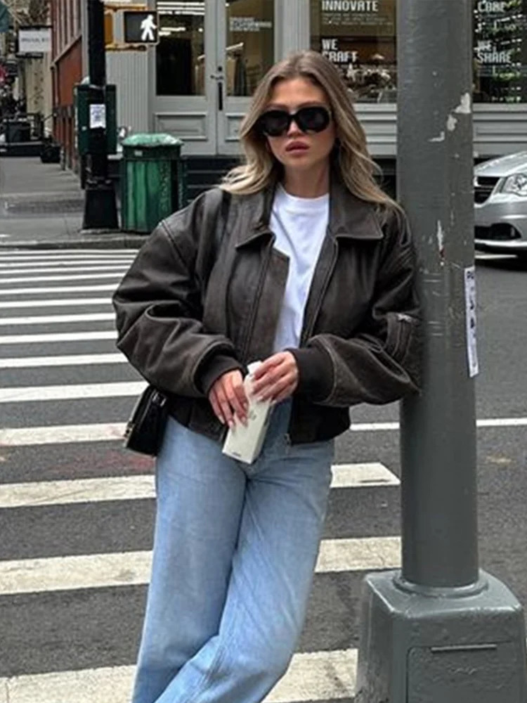 Women Zipper Leather Bomber Jackets Loose Turn-down Collar Vintage Pocket Short Outwear Long Sleeve Street Motorcycle Loose Tops 250211