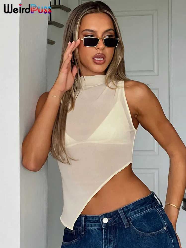 nibber Sexy Irregular Tank Tops Women See Through 2024 Summer Trend Sveless Skinny Coquette Hipster Sexy Wild Streetwear VestXJ250212