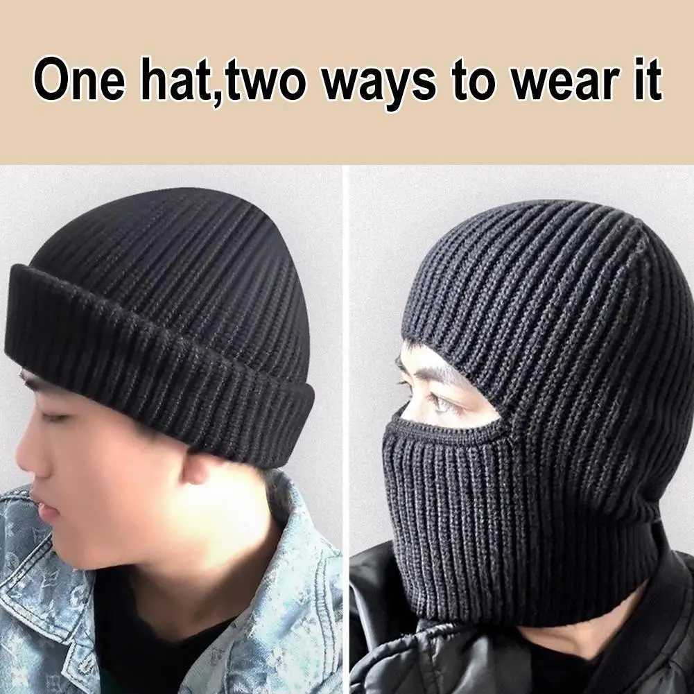 2 In 1 Warm Chunky Knit Beanie Skly Soft Stretch Knitted Fl Face Cover Adt Winter Ski Balaclava 1 Hole for Outdoors X250212