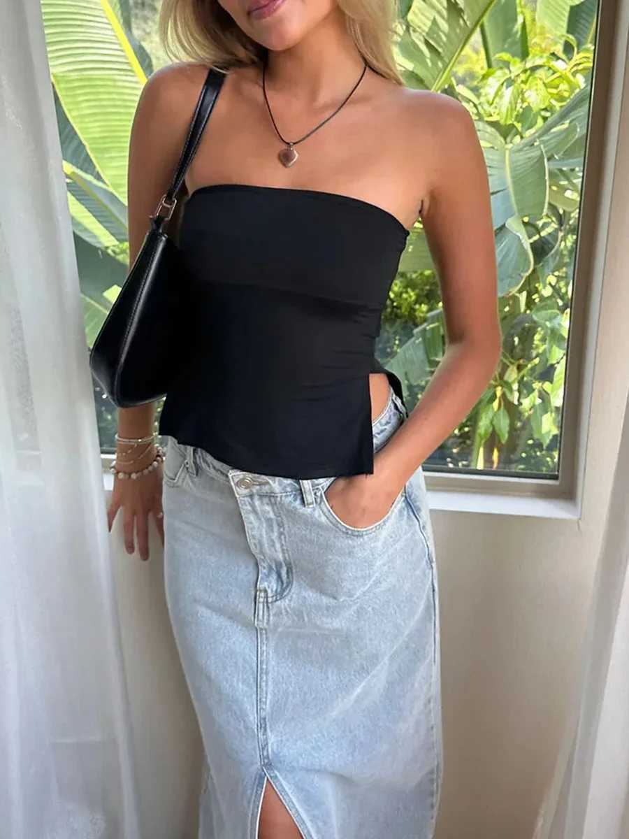 Women Sexy Split Hem Tube Top Y2k Strapless Backless Bandeau Crop Top Cute Aesthetic Summer Outfits StreetwearXJ250212