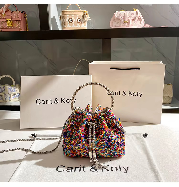 Designer Colorful Stones Evening Clutch Wedding Party Bucket Purse Metal Handle Women Handbag Shoulder Messenger Bag