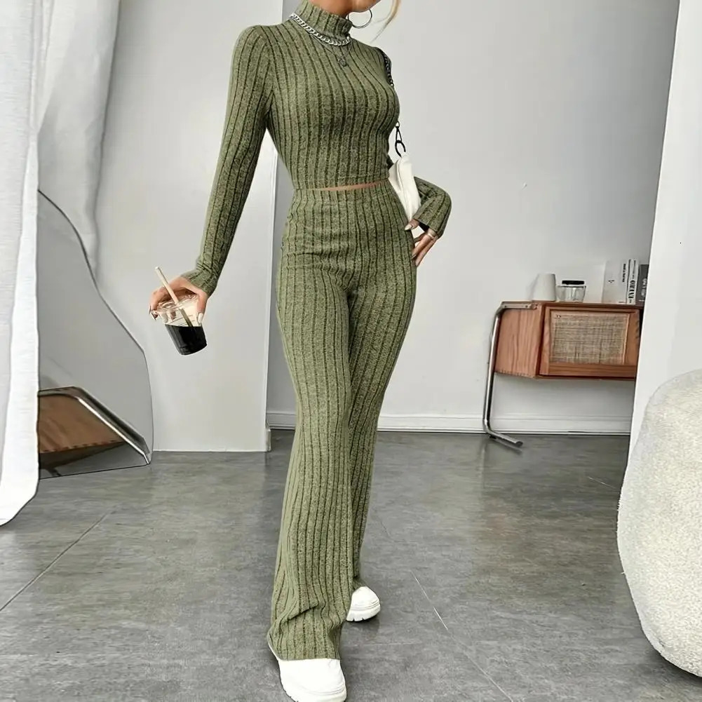 Casual Twopiece Suit Women Knitted Cropped Sweater Wide Leg Pants Set Stand Collar Navel Tshirt And Trumpet 250211Z