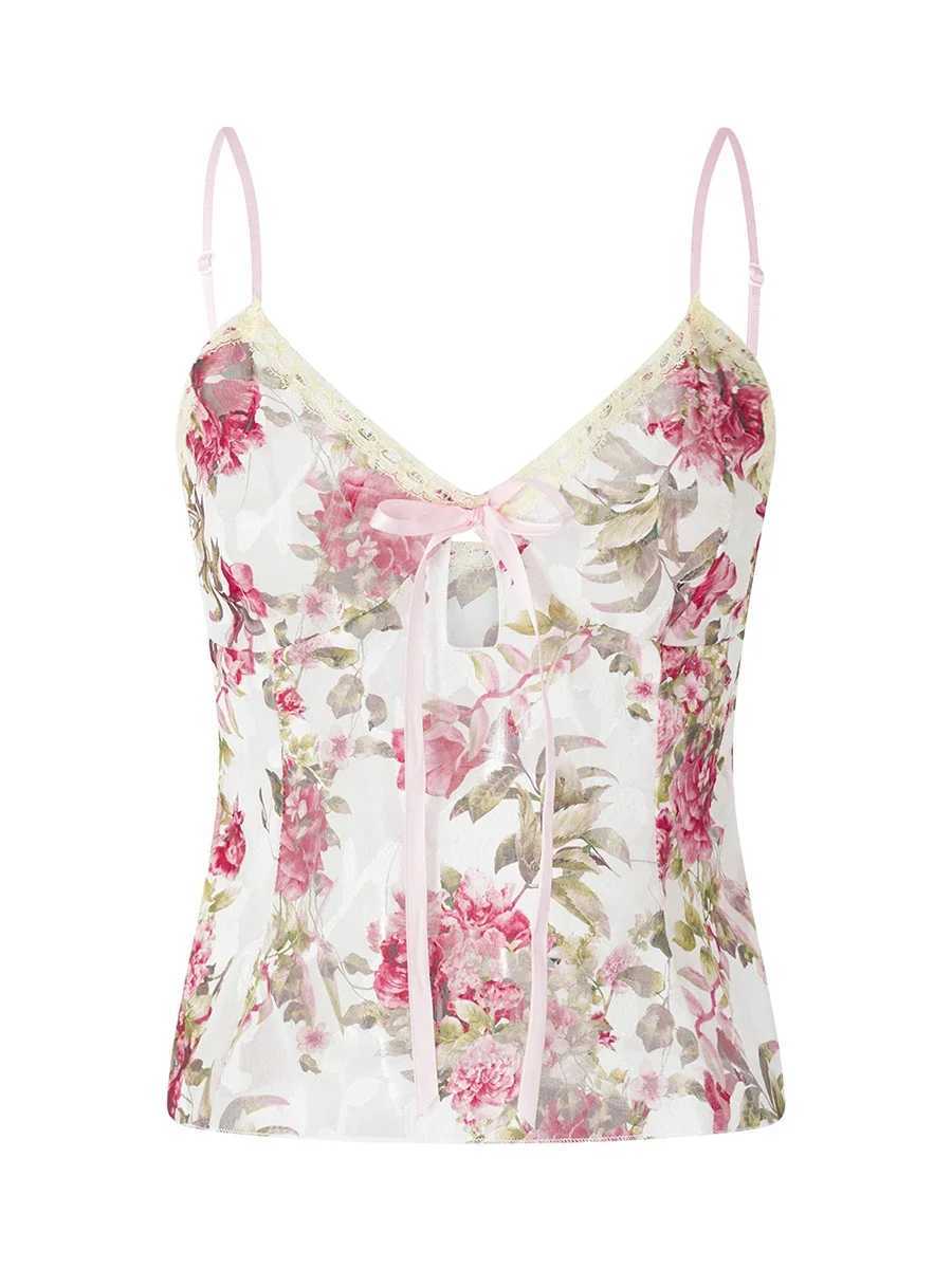 Women Spaghetti Strap Camisoles Floral Print V-Neck Tie-Up Front Sveless Sling Tank Tops Slim Fit Vests Crop Tops Y2k SummerXJ250212