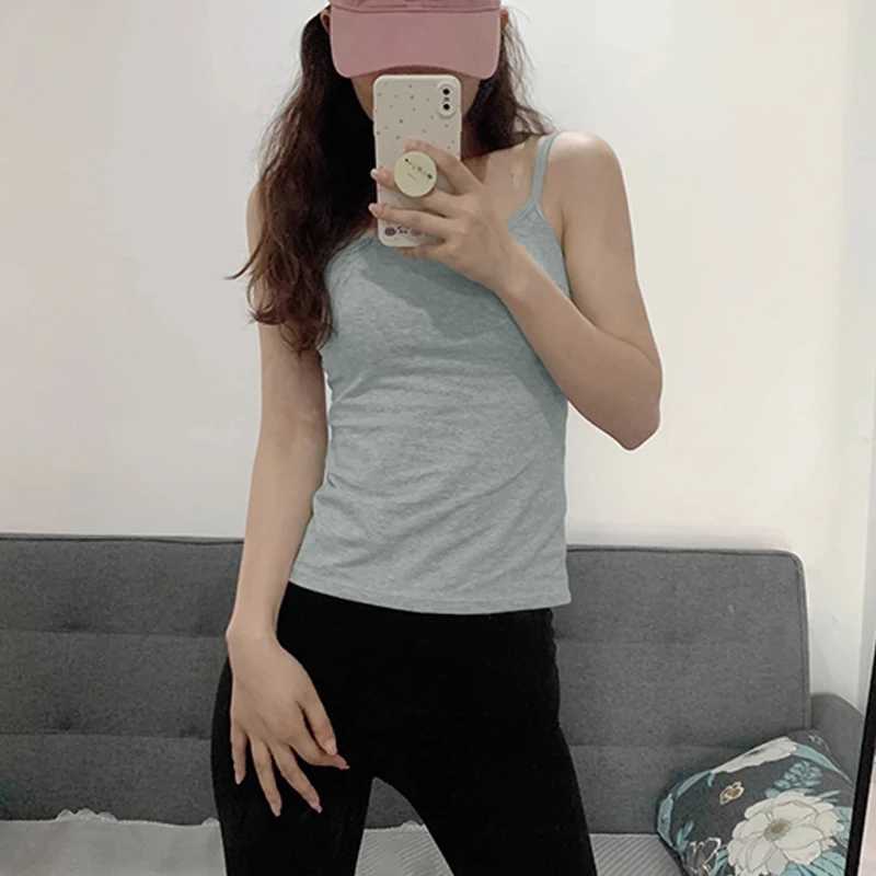 Korean Womens Solid Color Spaghetti Straps Sveless Slim Camisole With Chest PadXJ250212