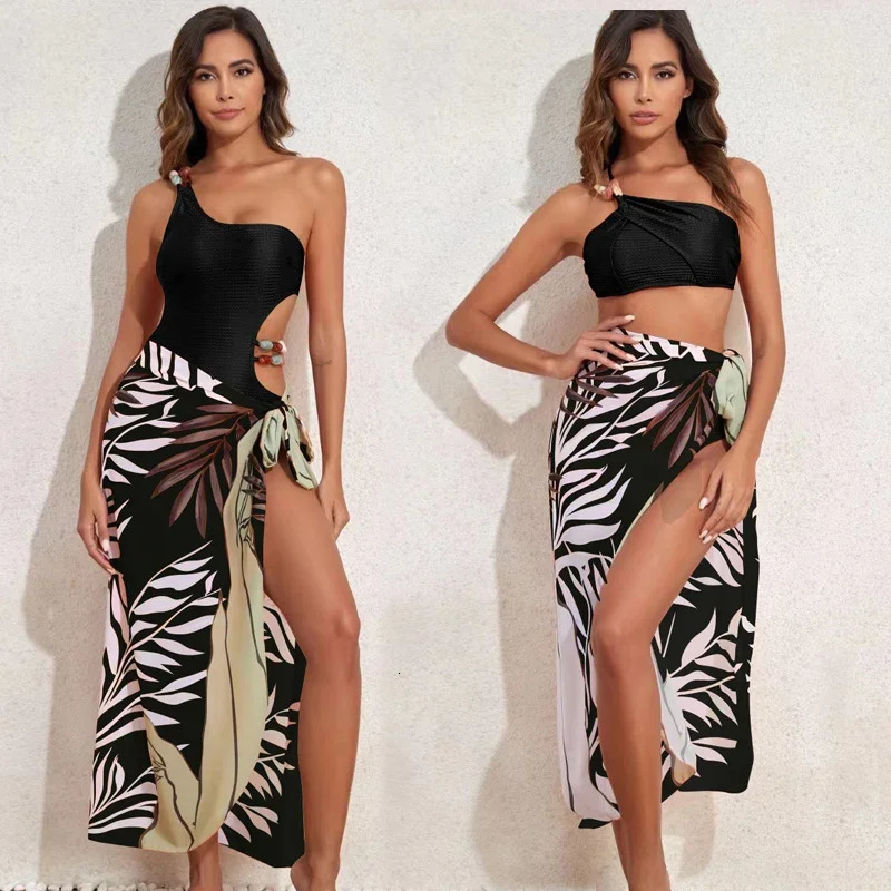 One Shoulder Cut Out One Piece Swimsuit Women Bather Bathing Suit Swim Multicolor Gemstone Strap Bikini Wrap Yarn Skirt Swimsuit 250210