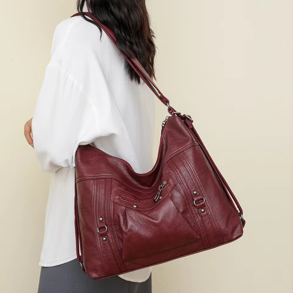 Vintage Women's Backpacks Soft PU Leather Shoulder Solid Color Back Pack Ladies Multi-Functional Casual Tote Bag Sac A Main
