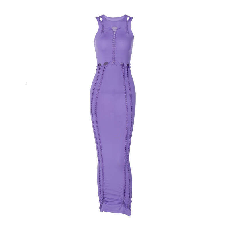 European and American women's summer product fashionable solid color hollow out slim fit round neck sleeveless dress wholesale 2025 new style tem