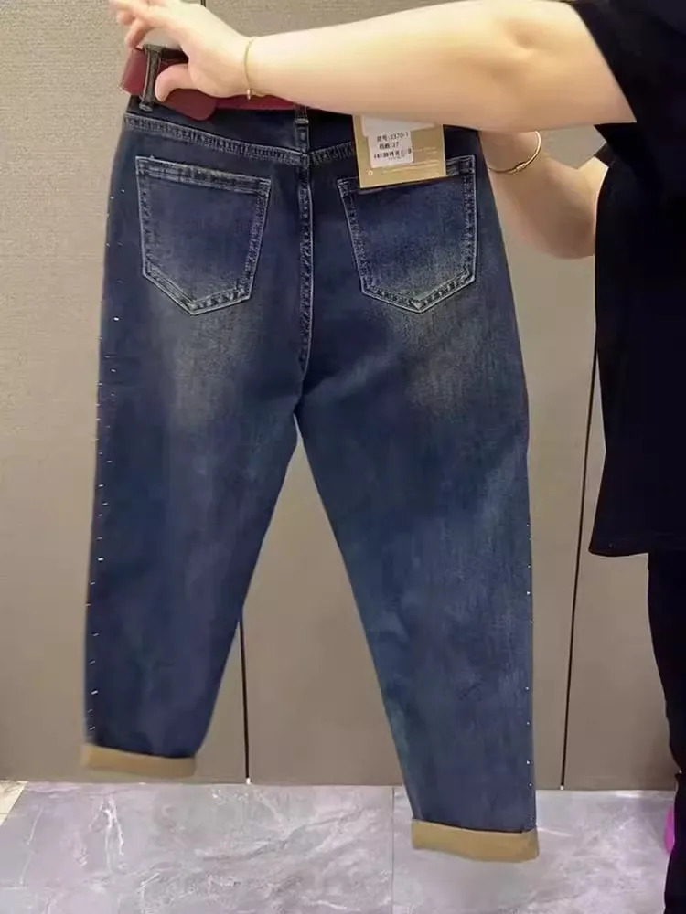 Denim Harlan Pants 2025 Fashion Y2k Rhinestone Embroidered Cropped Trousers Spring Autumn All-Match Plus Size Loose Jeans Women 250212