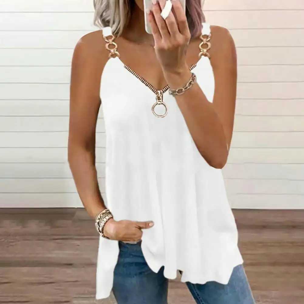 Zipper V-neck Sveless Sling Top Chain Shoulder Chain Straps Loose Fit Backless Milk Silk Solid Color Soft Vest Top StreetwearXJ250212