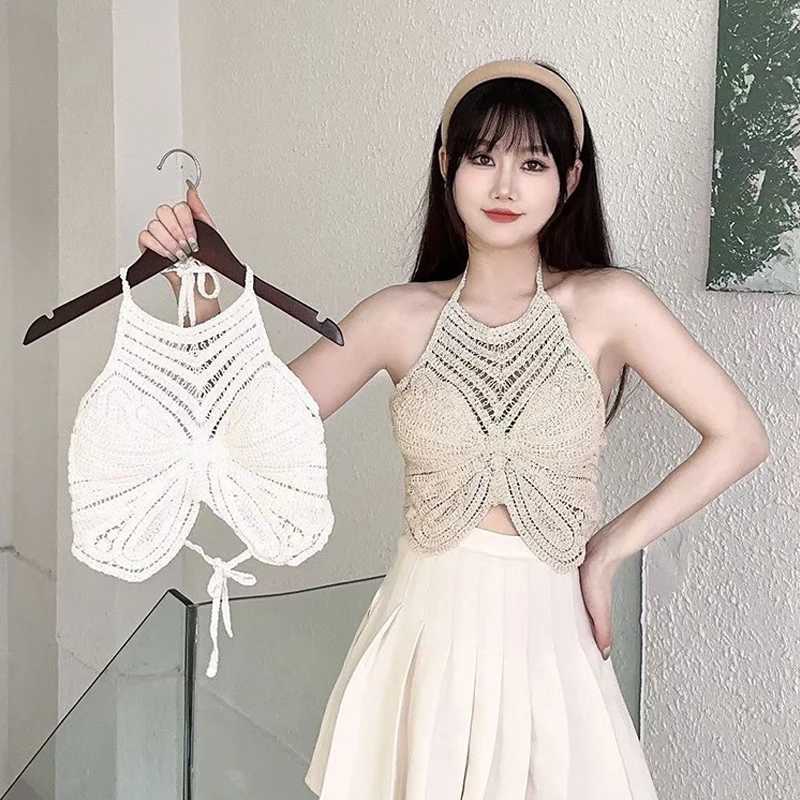 Summer Bohemia Hollow Embroidered Halterneck Backless Sveless Knitted Camisole For WomenXJ250212