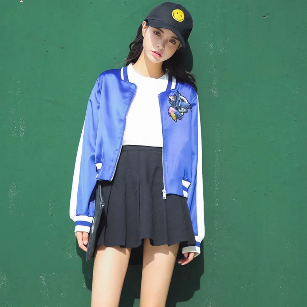 Chic women Bomber Flowers embroidery baseball jacket loose Satin short coat High waist Zipper striped Jacket Outwear Cardigan 250212