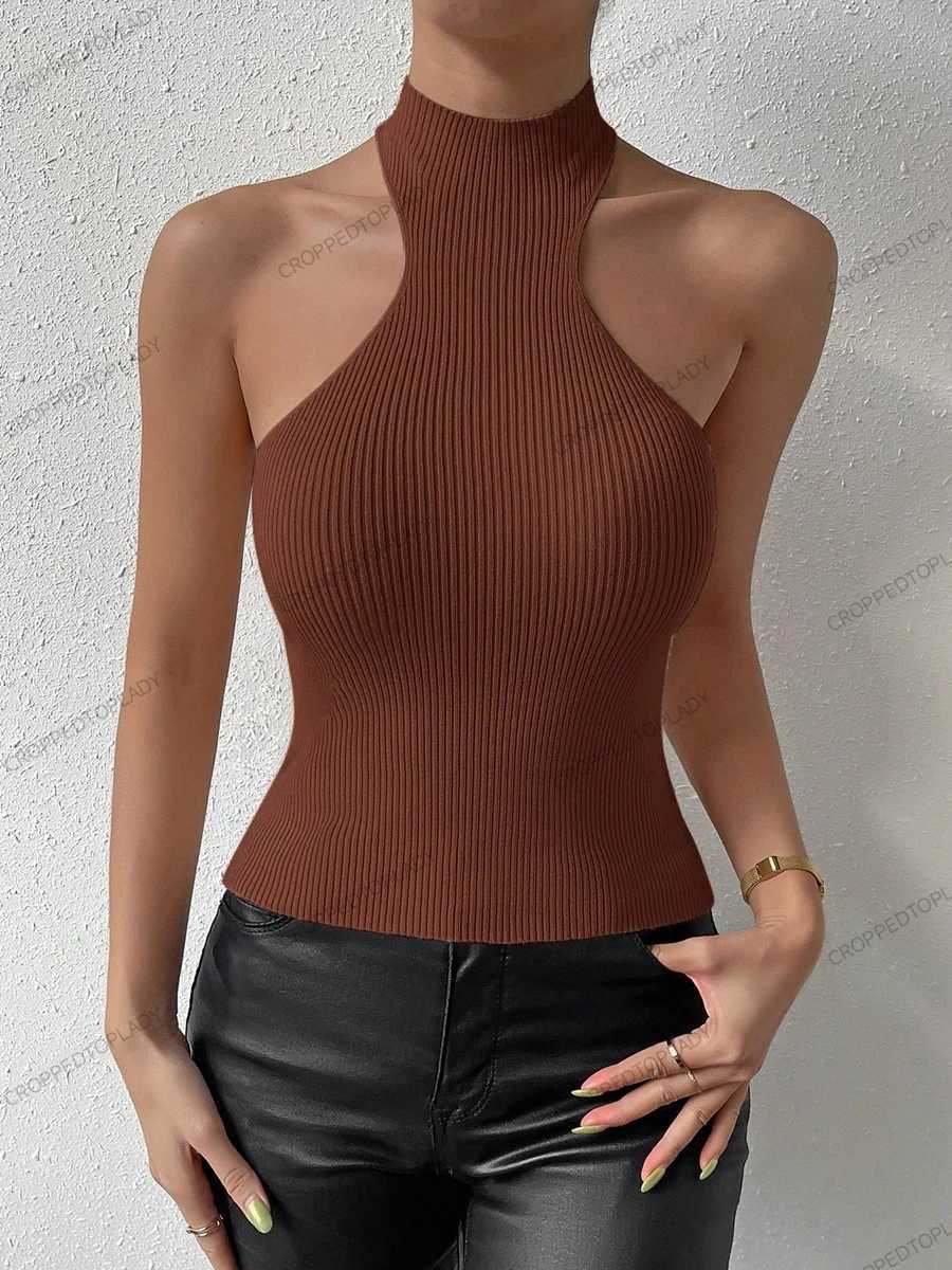 Summer Women Cut Out Racer Knit Sveless Curve Corset Mock Neck Crossfit Crop Top Femme Stretch Y2k Tank Fashion ClothesXJ250212
