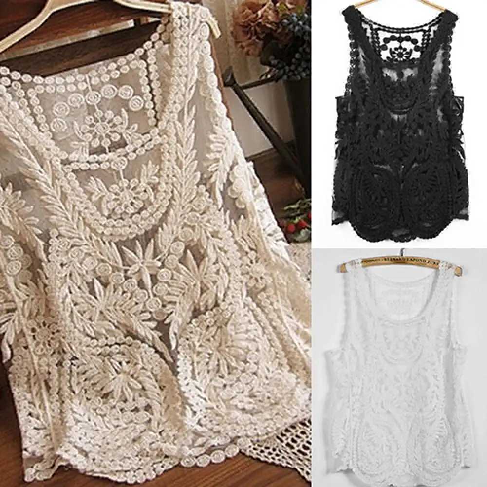 Womens Sveless Lace Tank Top Sexy Embroidery Hollow-out Floral Crochet Shirt Crochet T-Shirts For Women Lace Tee ShirtXJ250212