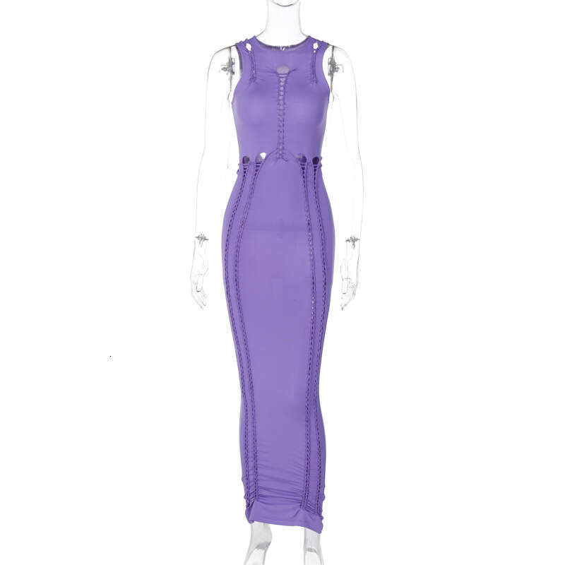 European and American women's summer product fashionable solid color hollow out slim fit round neck sleeveless dress wholesale 2025 new style tem